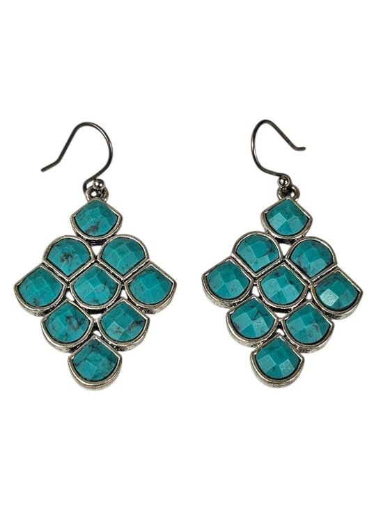 Boho Jewelry - Turquoise Dangle Earrings Silver Tone Geometric Drop Jewelry VTG